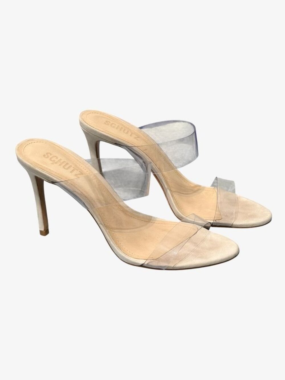 Schutz Ariella PVC Suede Stiletto Sandals 6.5 Clear Nude Oyster 7 Party Worn 1x - Picture 2 of 10